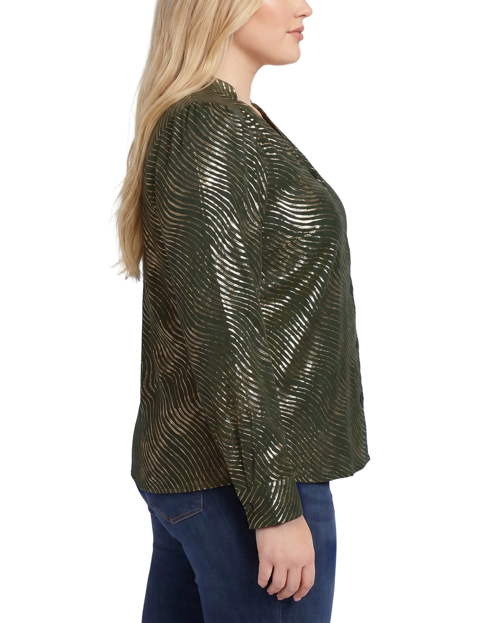 Plus Size Long Sleeve V-Neck Blouse with Metallic Print thumbnail 2