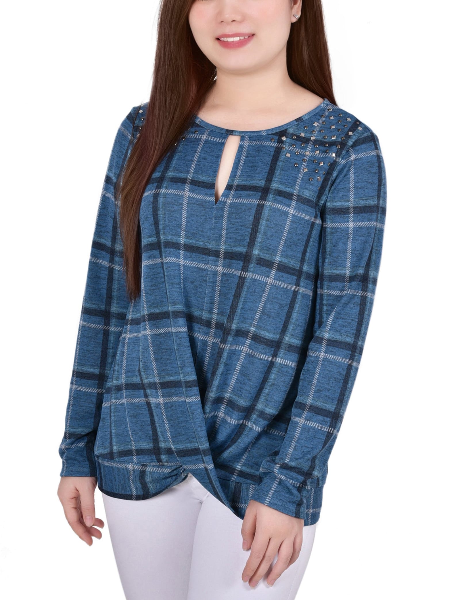 Petite Long Sleeve Knit Keyhole Top with Studs