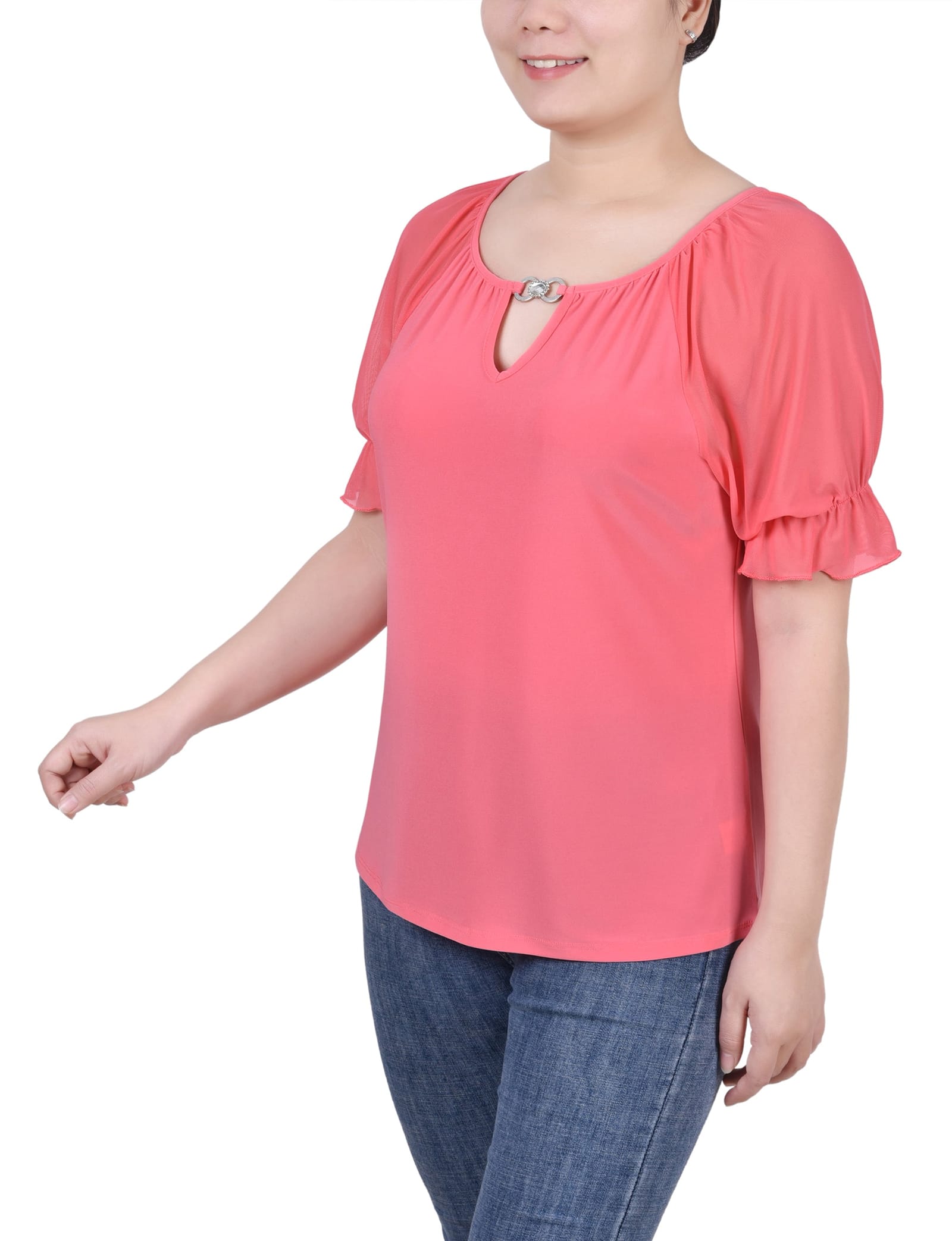 Petite Short Ruffle Sleeve Top with Rhinestones thumbnail 2