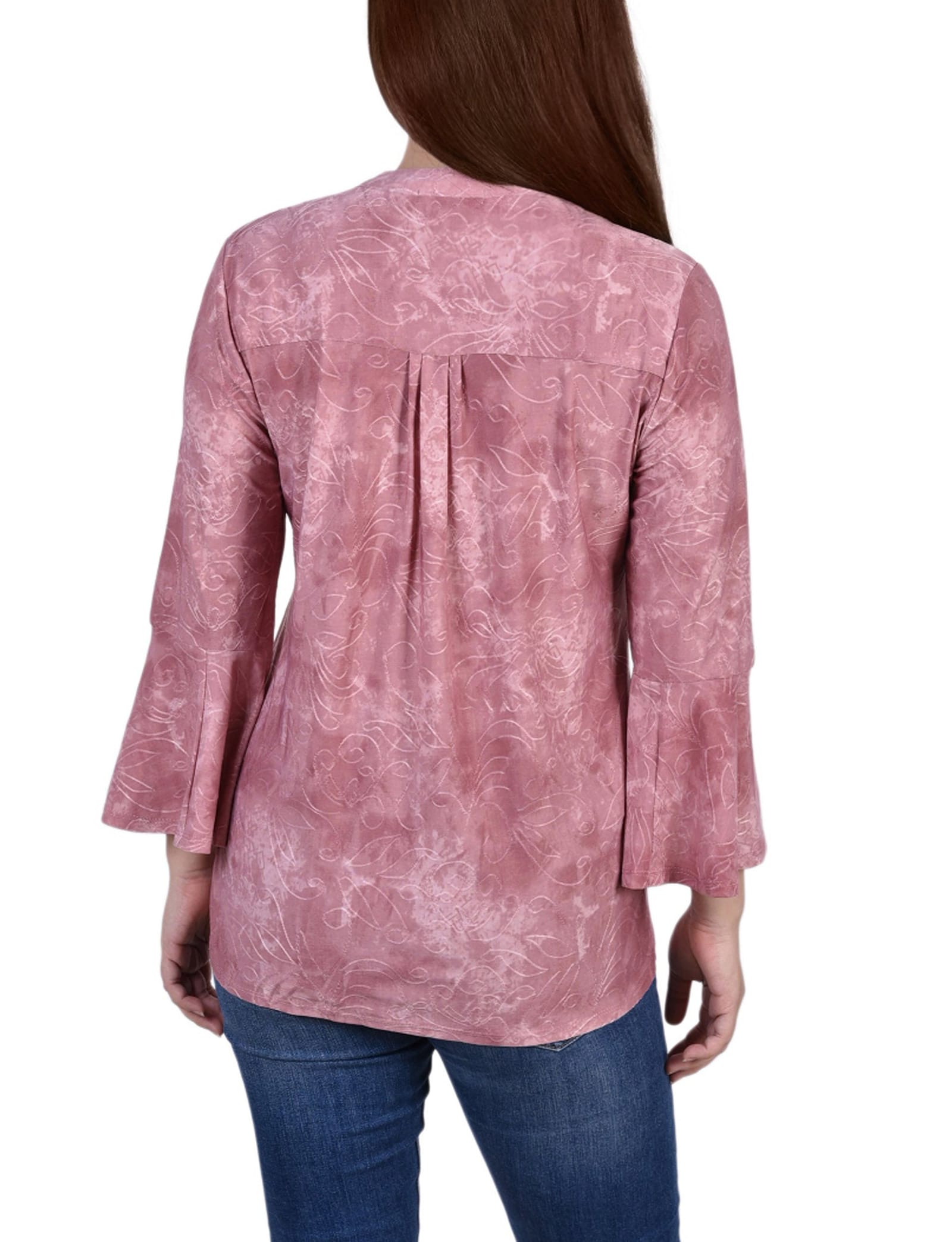 Petite 3/4 Bell Sleeve Pleat Front Y Neck Top thumbnail 3