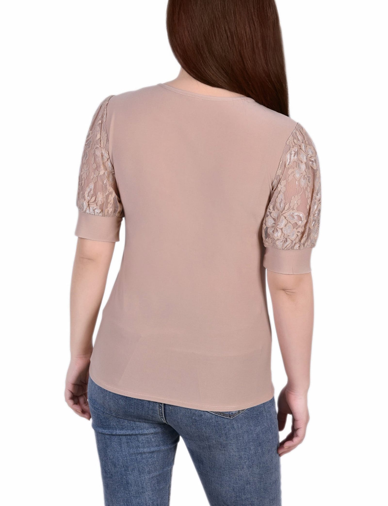 Petite Short Puff Sleeve Top with Lace Sleeves and Yoke thumbnail 3
