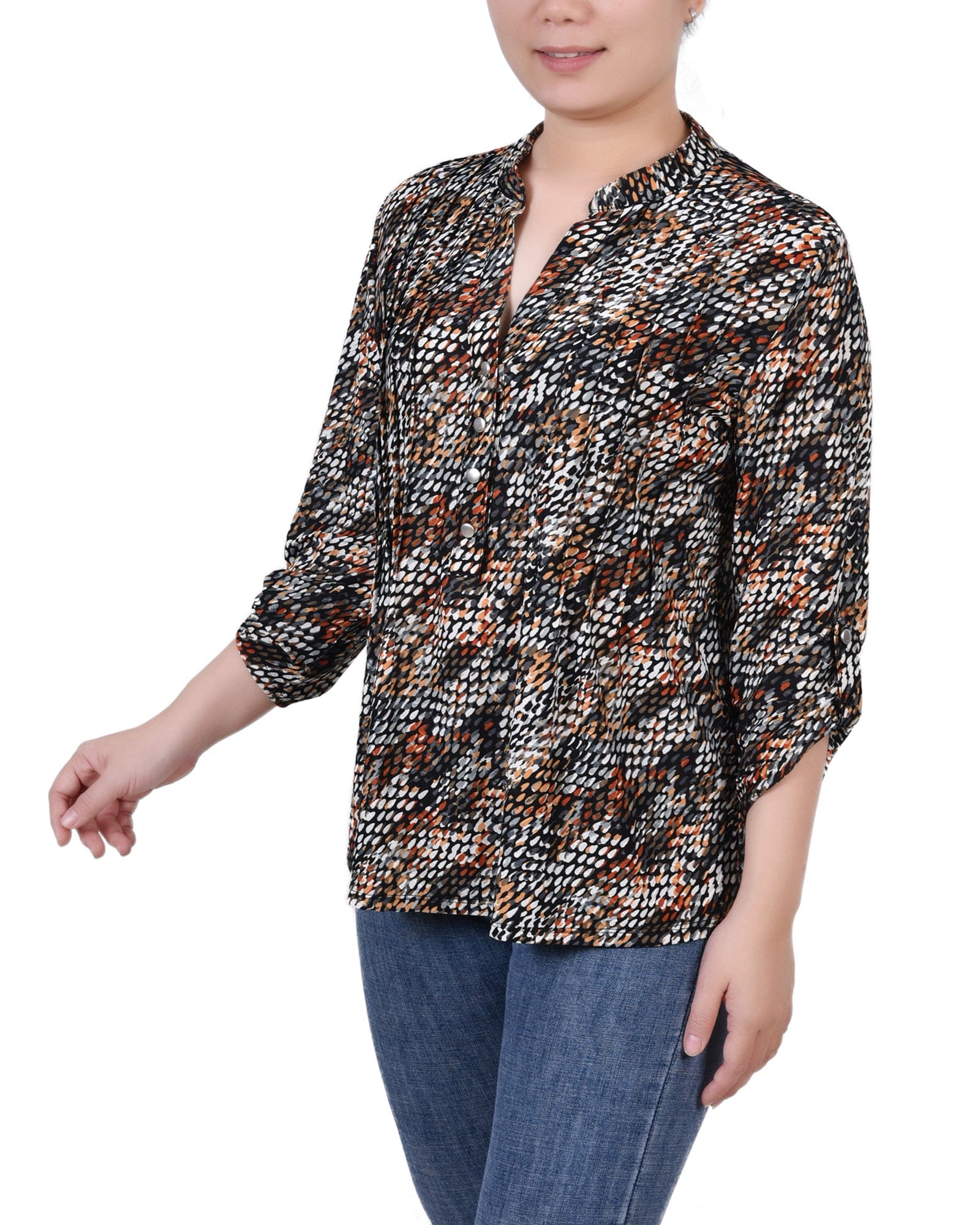 Petite 3/4 Sleeve Roll Tab Y Neck Pullover Top thumbnail 2