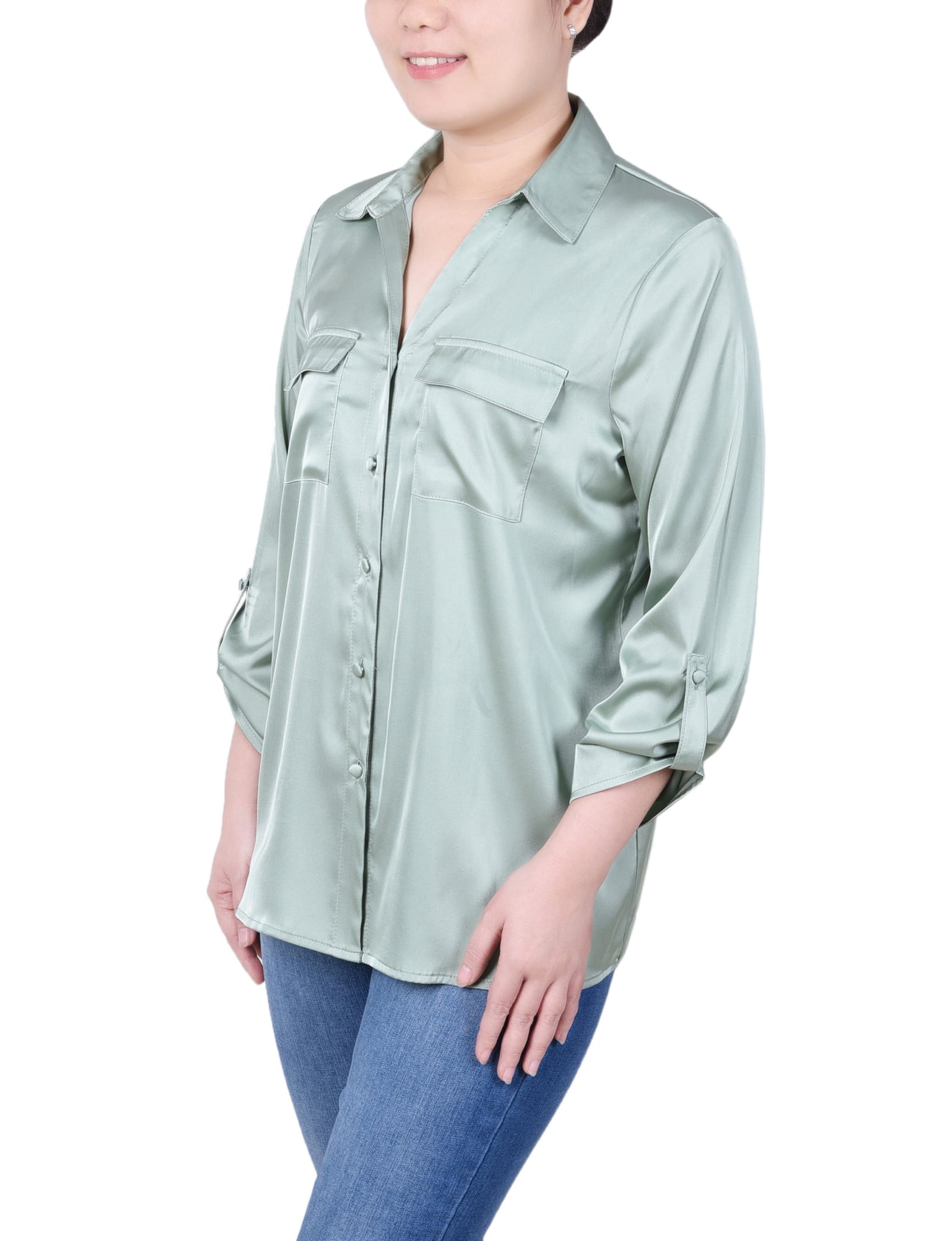 Petite 3/4 Sleeve Roll Tab Satin Blouse thumbnail 2
