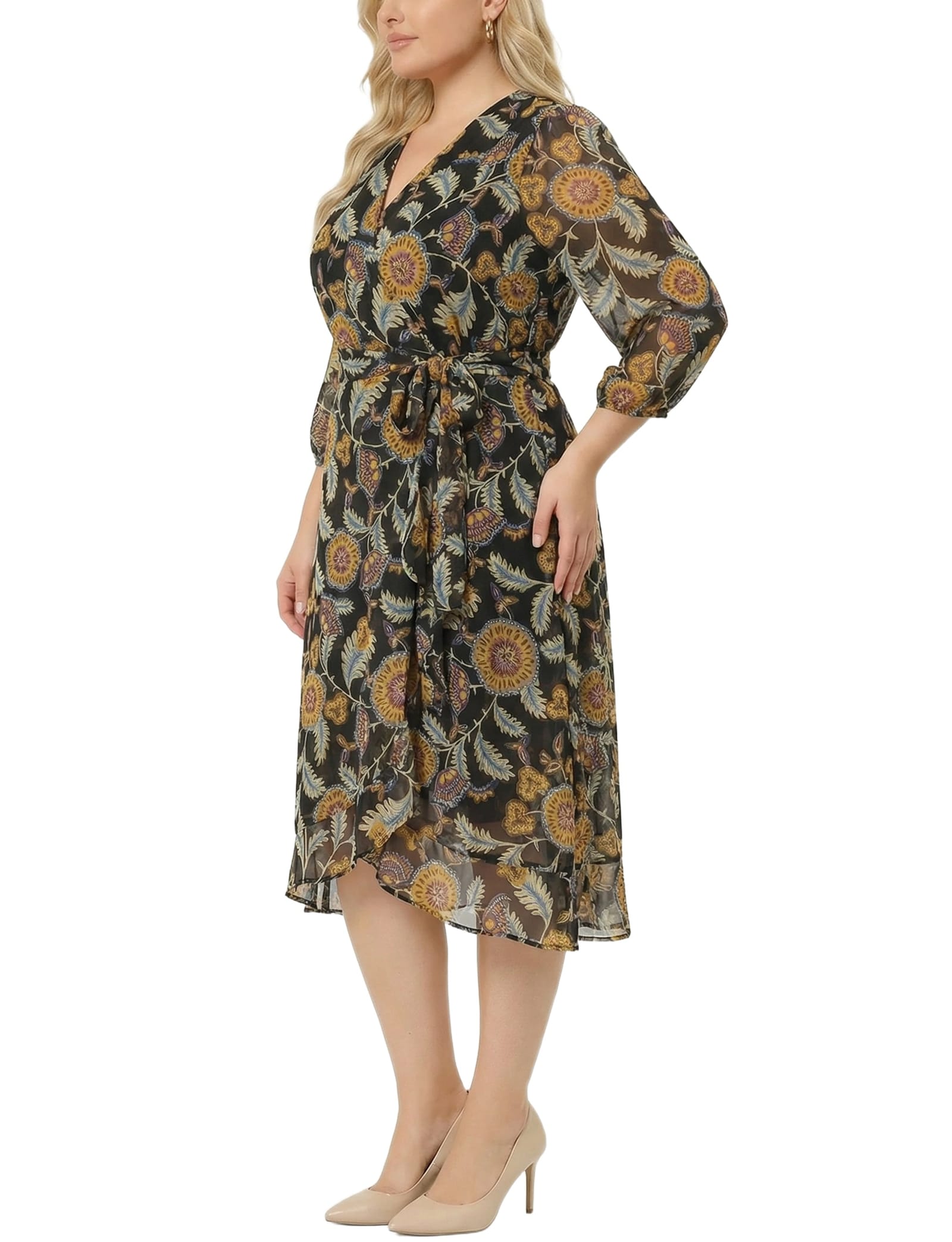 Plus Size 3/4 Sleeve V-Neck Belted Chiffon Dress thumbnail 2
