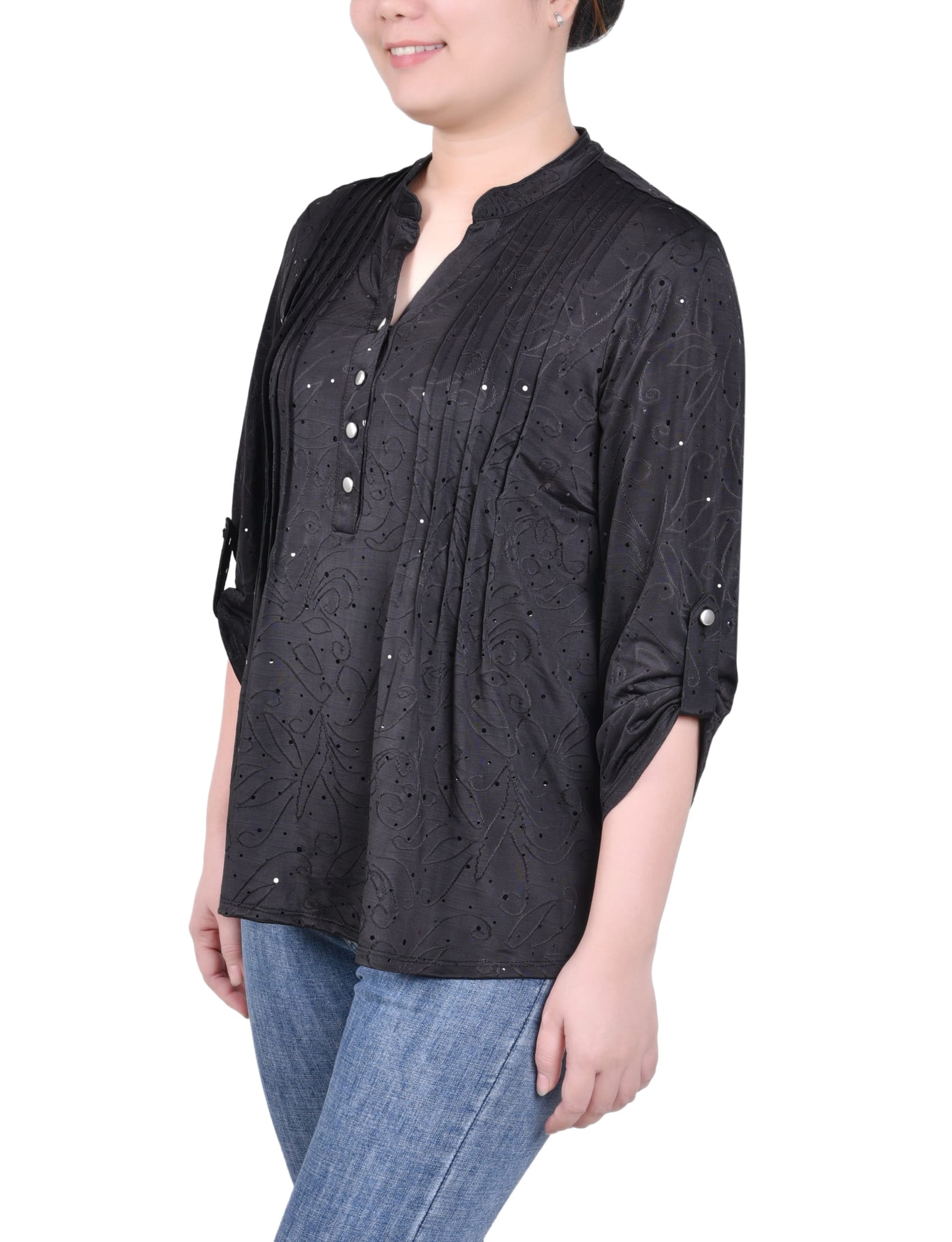 Petite 3/4 Sleeve Roll Tab Y Neck Top thumbnail 2