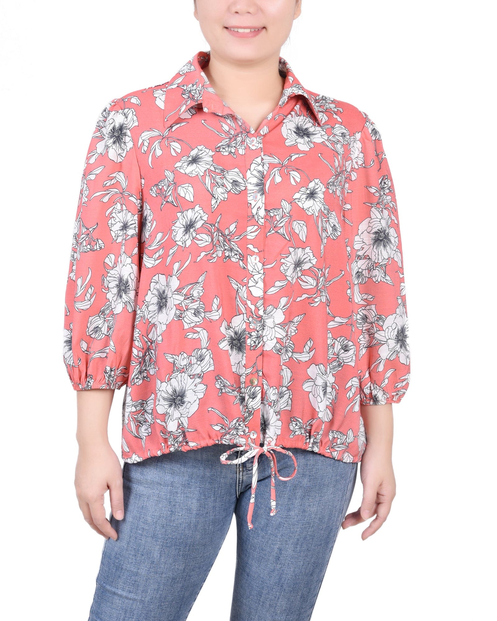 3/4 Sleeve Drawstring Blouse