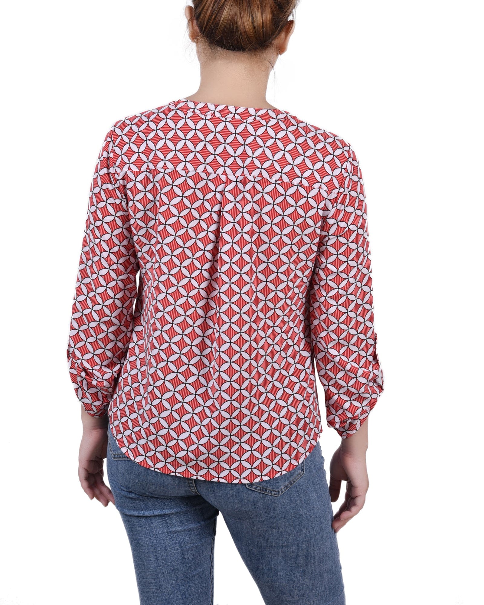 Petite 3/4 Sleeve Roll Tab Y Neck Blouse thumbnail 2