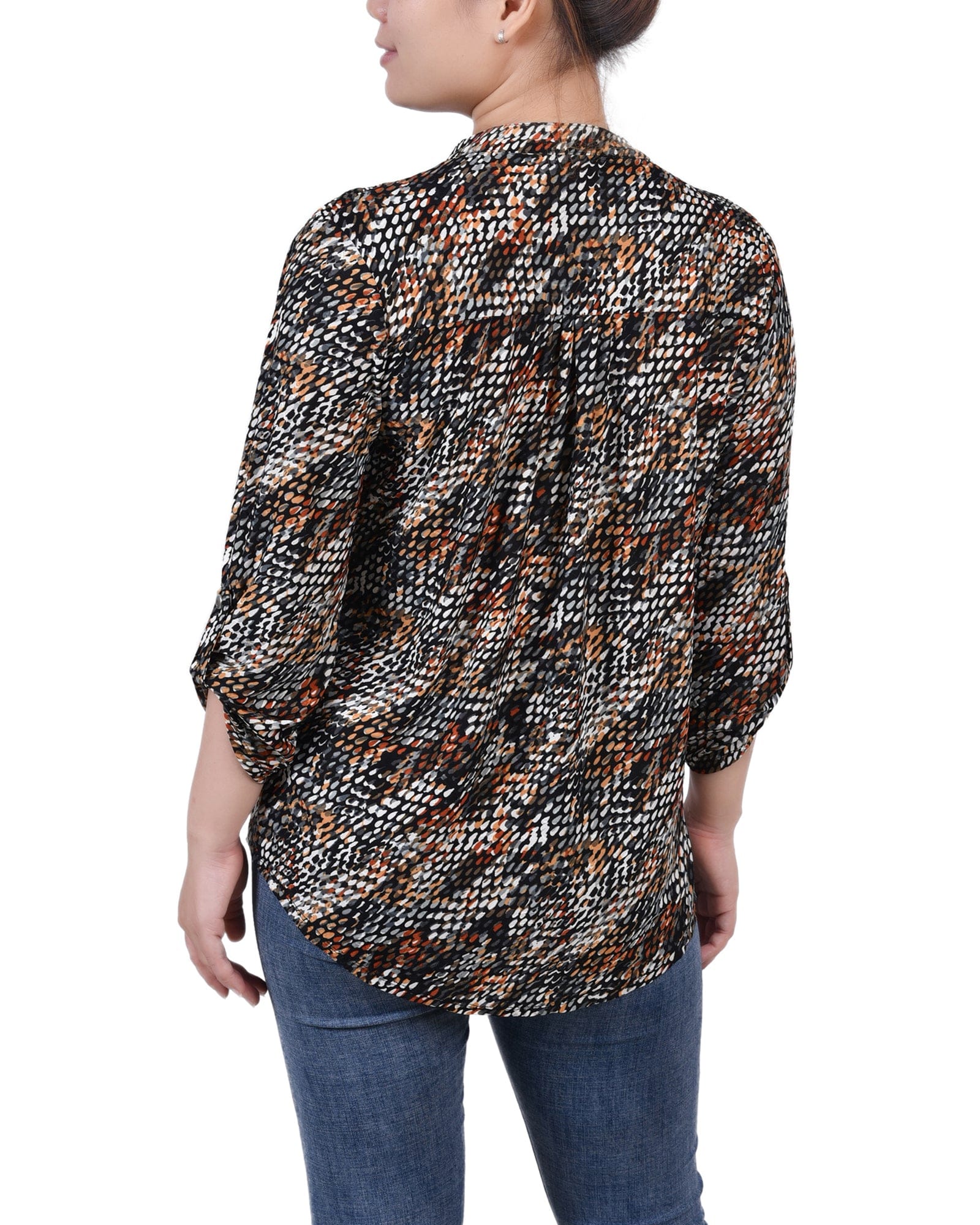 Petite 3/4 Sleeve Roll Tab Y Neck Pullover Top thumbnail 3