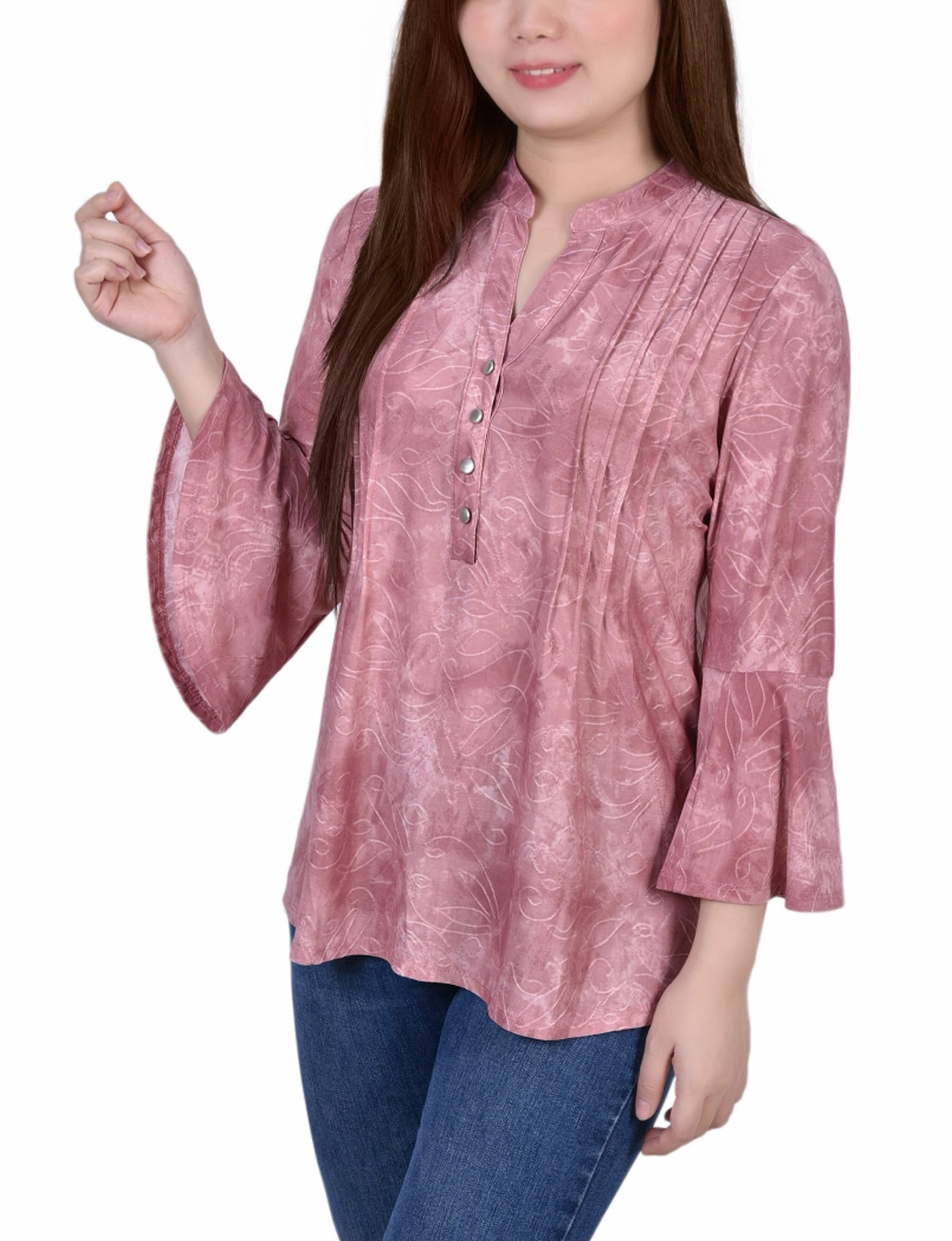 Petite 3/4 Bell Sleeve Pleat Front Y Neck Top thumbnail 2