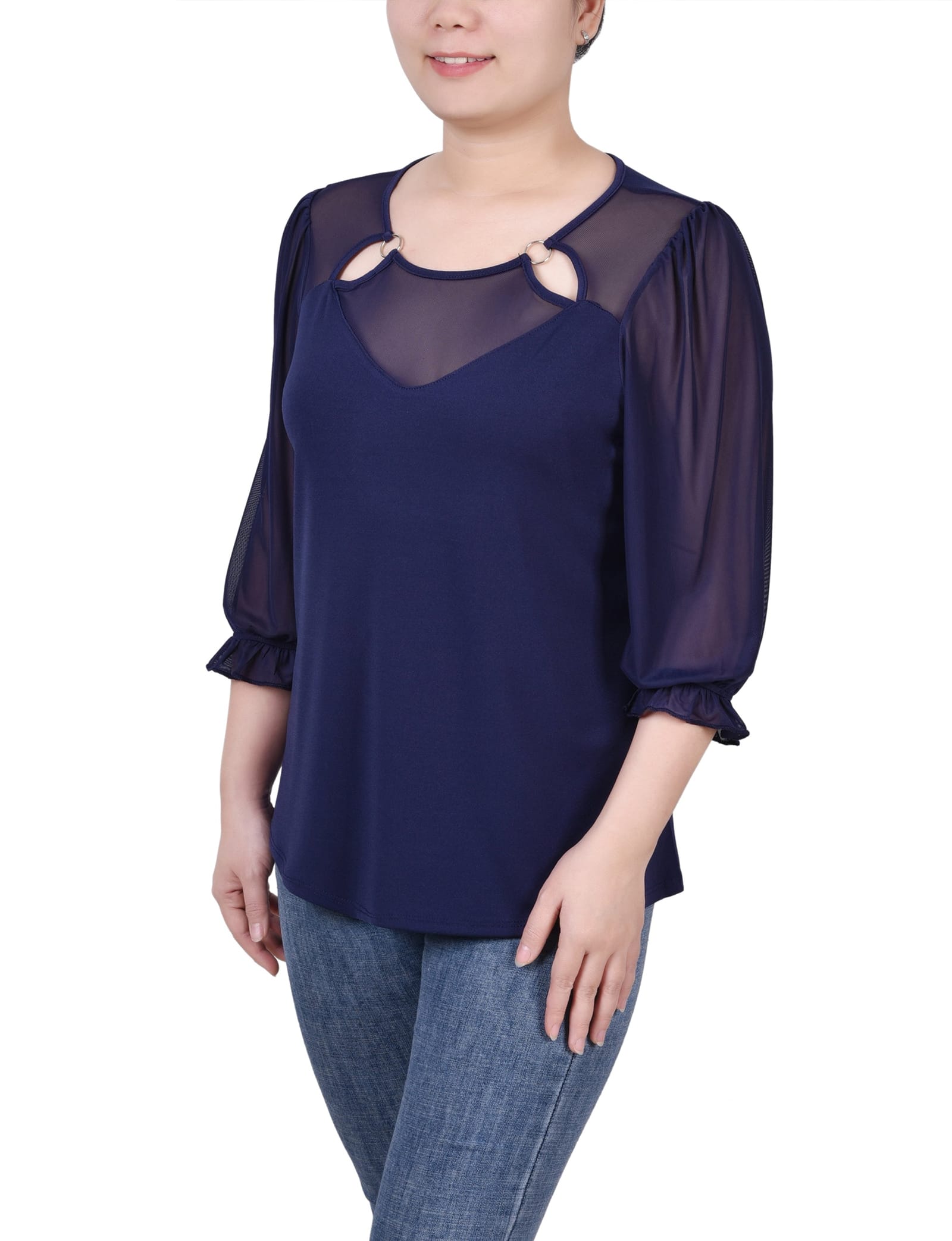 Petite 3/4 Sleeve Ringed Top with Mesh thumbnail 2