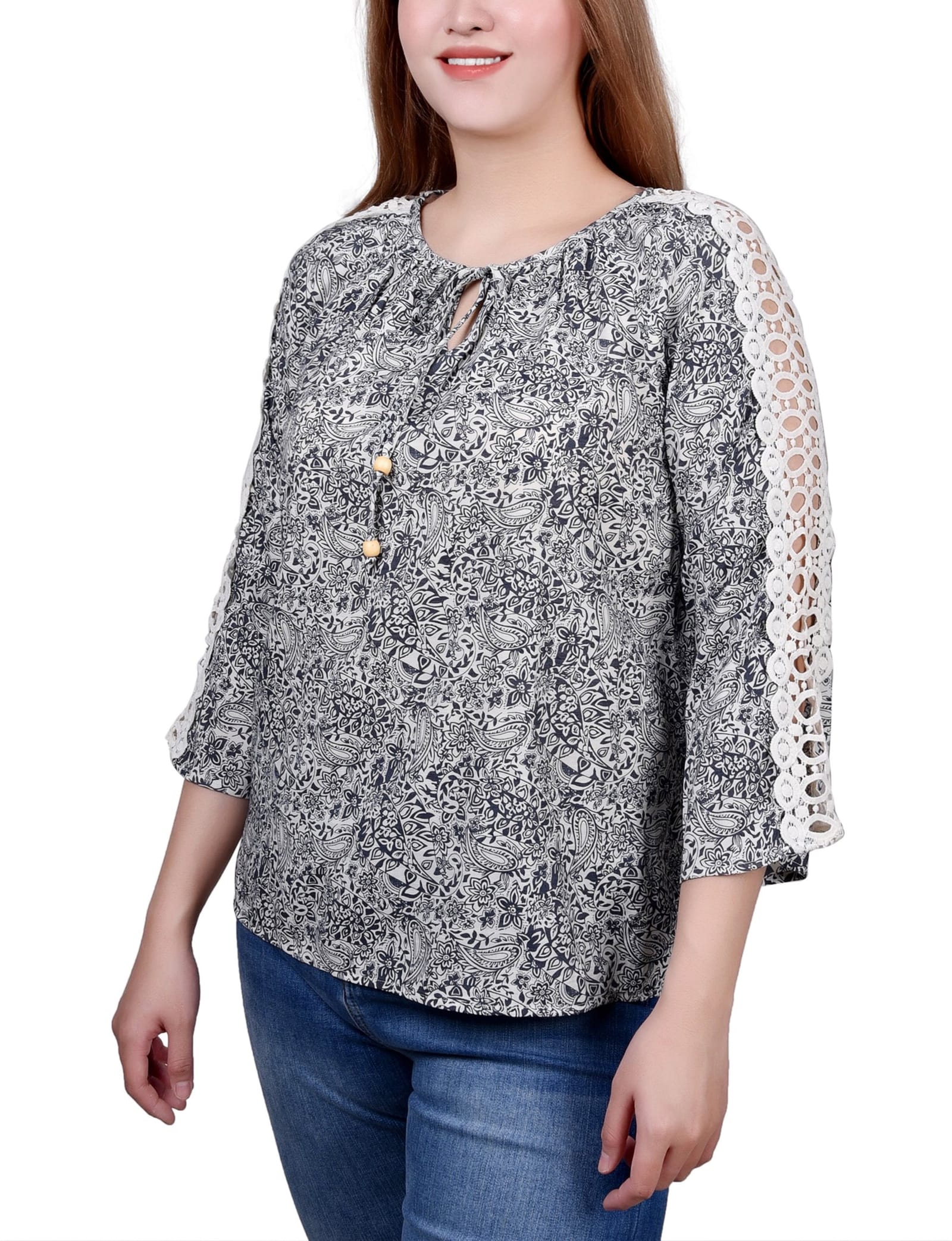 Petite 3/4 Sleeve Crochet Detail Blouse thumbnail 2