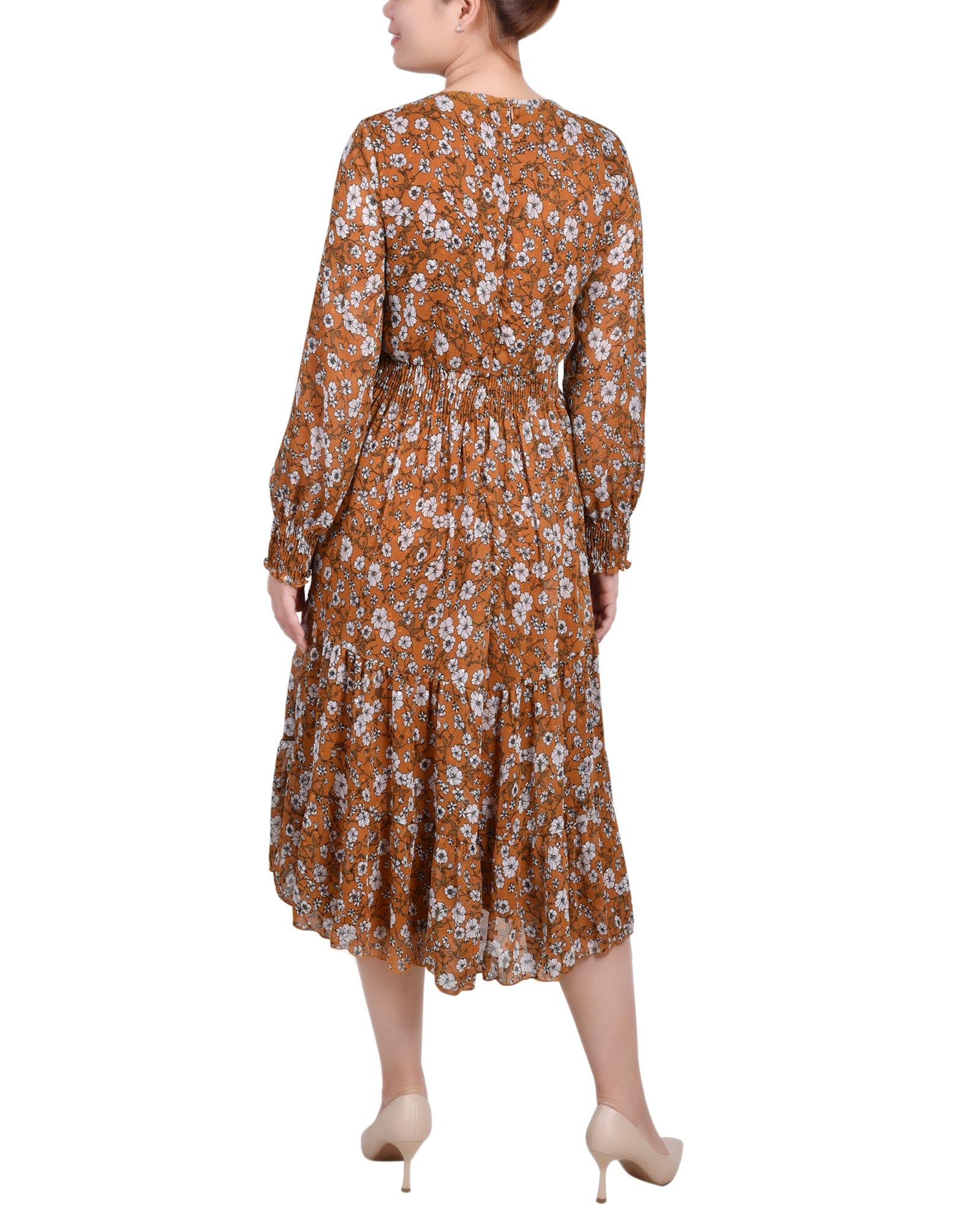 Petite Long Sleeve Clip Dot Chiffon Dress with Smocked Waist and Cuffs thumbnail 3