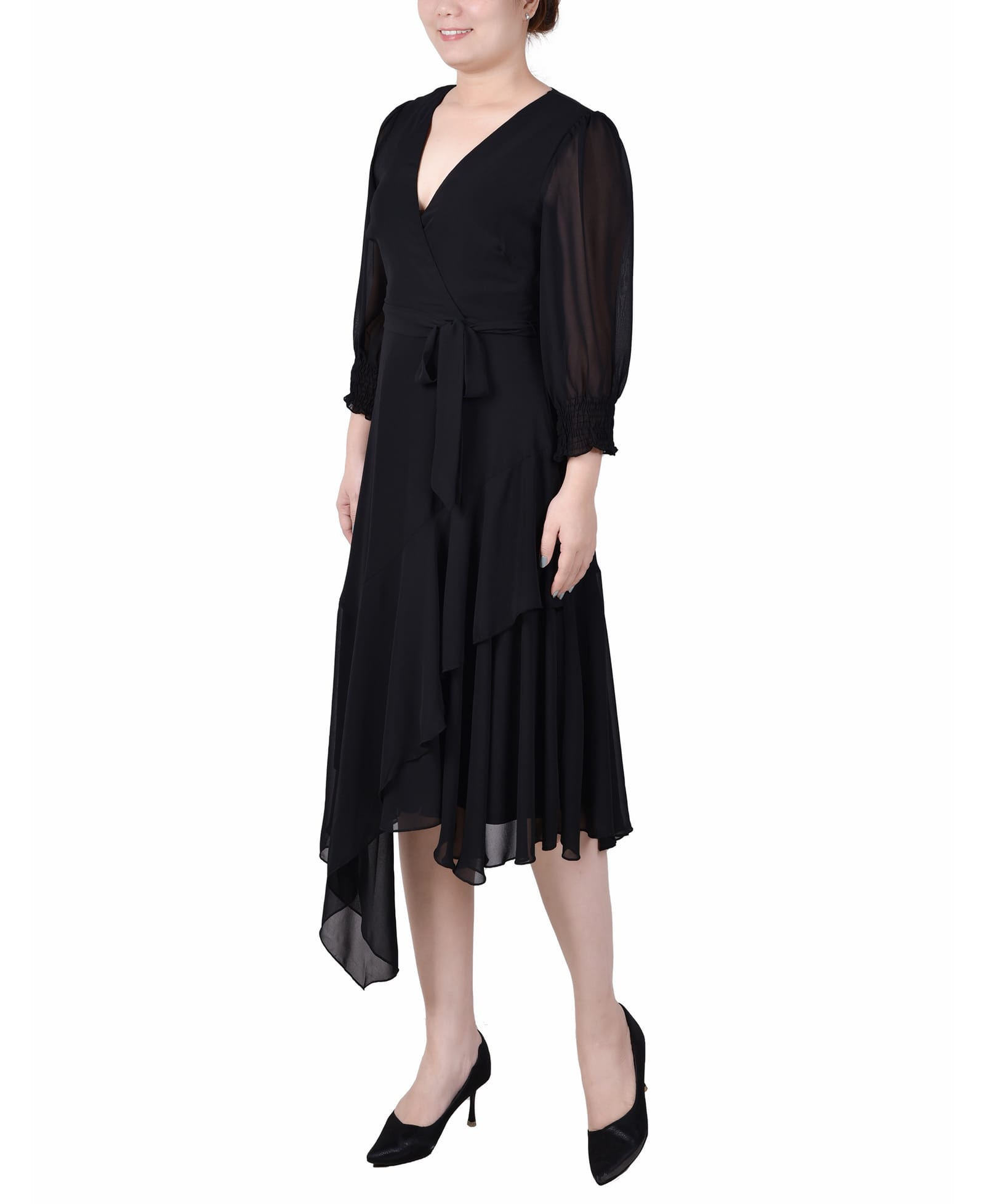 3/4 Sleeve Belted Chiffon Handkerchief Hem Dress thumbnail 2