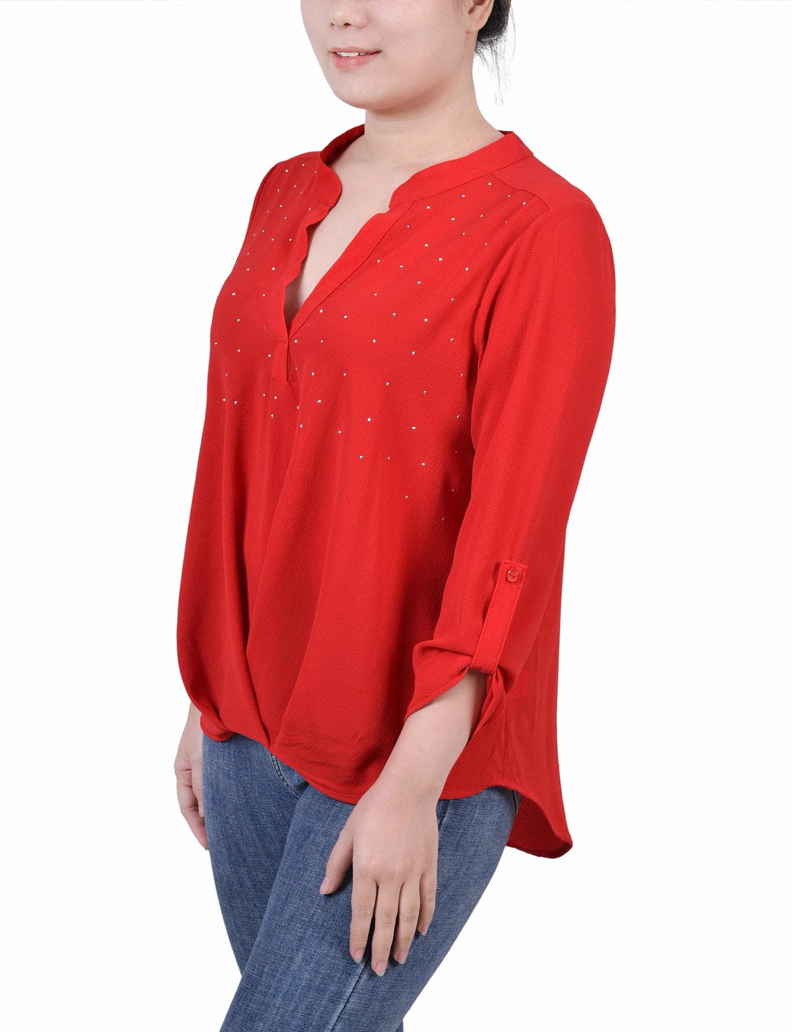Petite 3/4 Sleeve Mandarin Collar Blouse with Front Pleats thumbnail 2