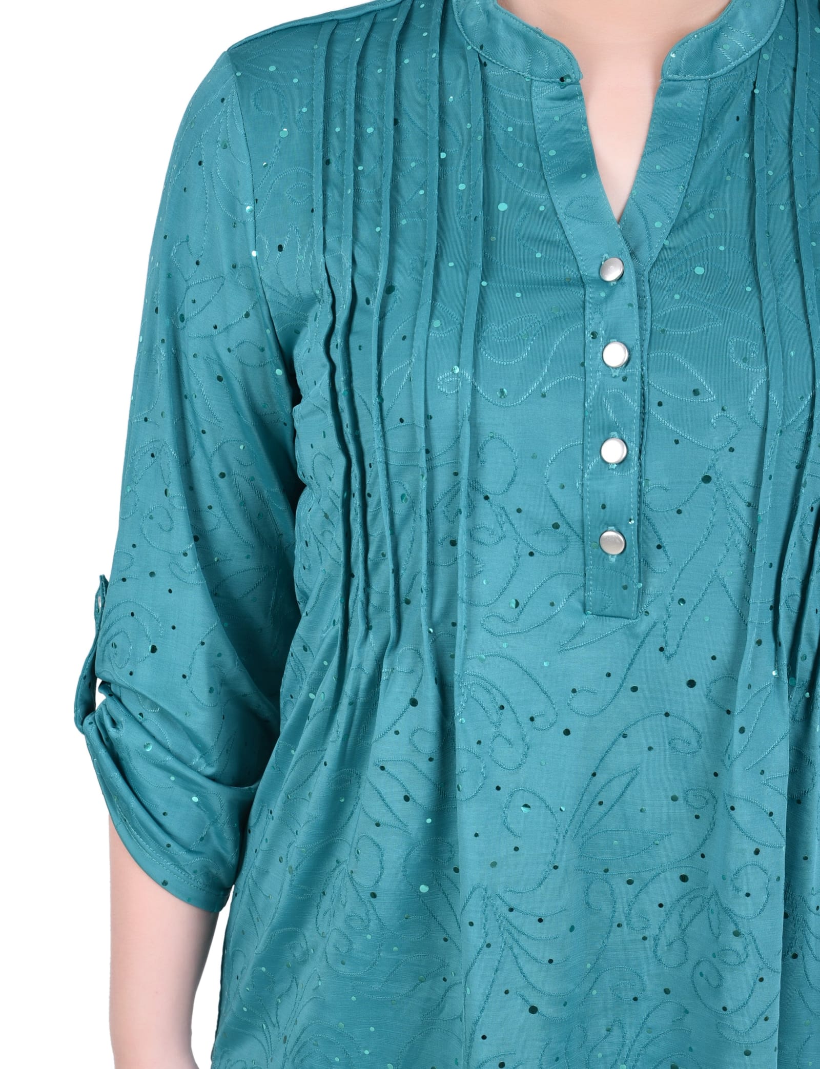Petite 3/4 Sleeve Roll Tab Y Neck Top thumbnail 4
