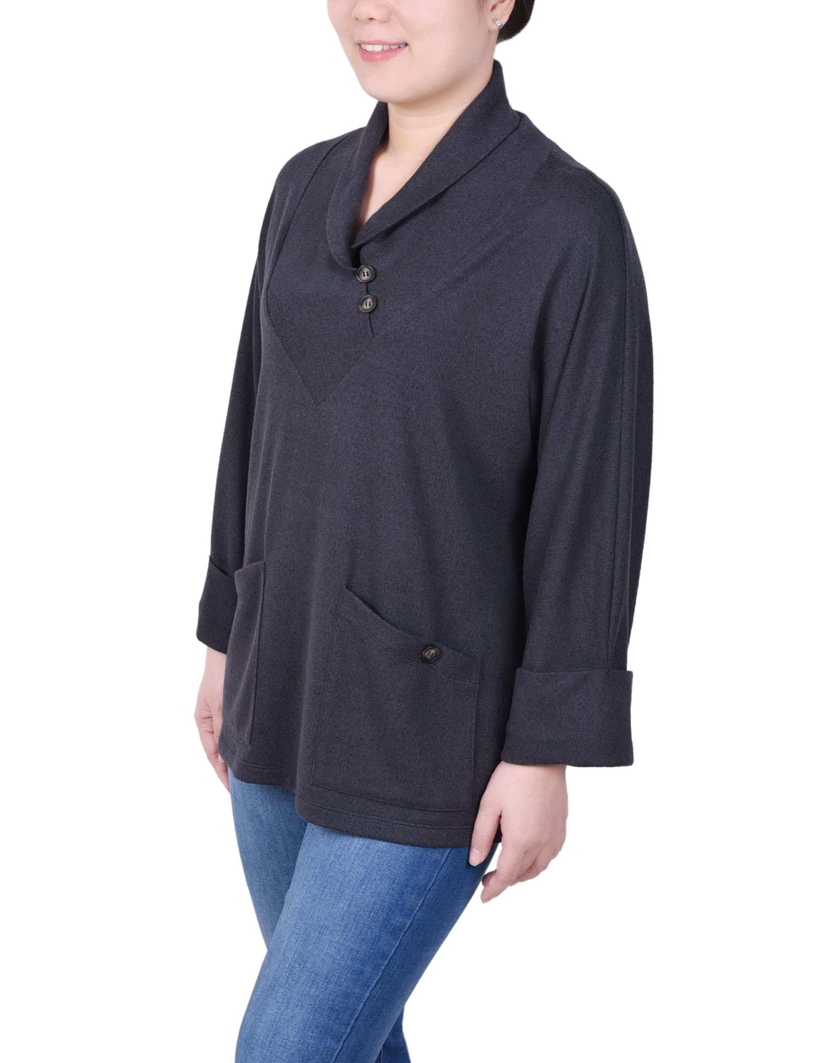 Petite Long Sleeve Shawl Collar Top with Pockets thumbnail 2