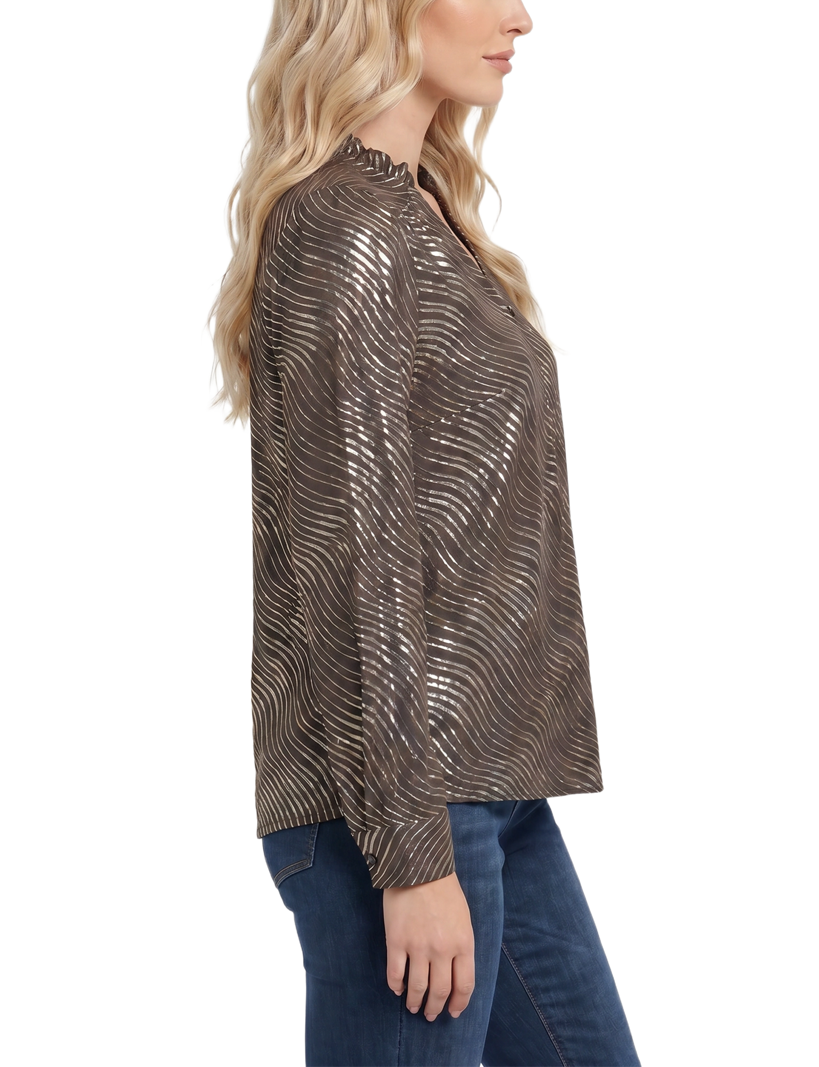 Long Sleeve V Neck Blouse with Metallic Print thumbnail 3