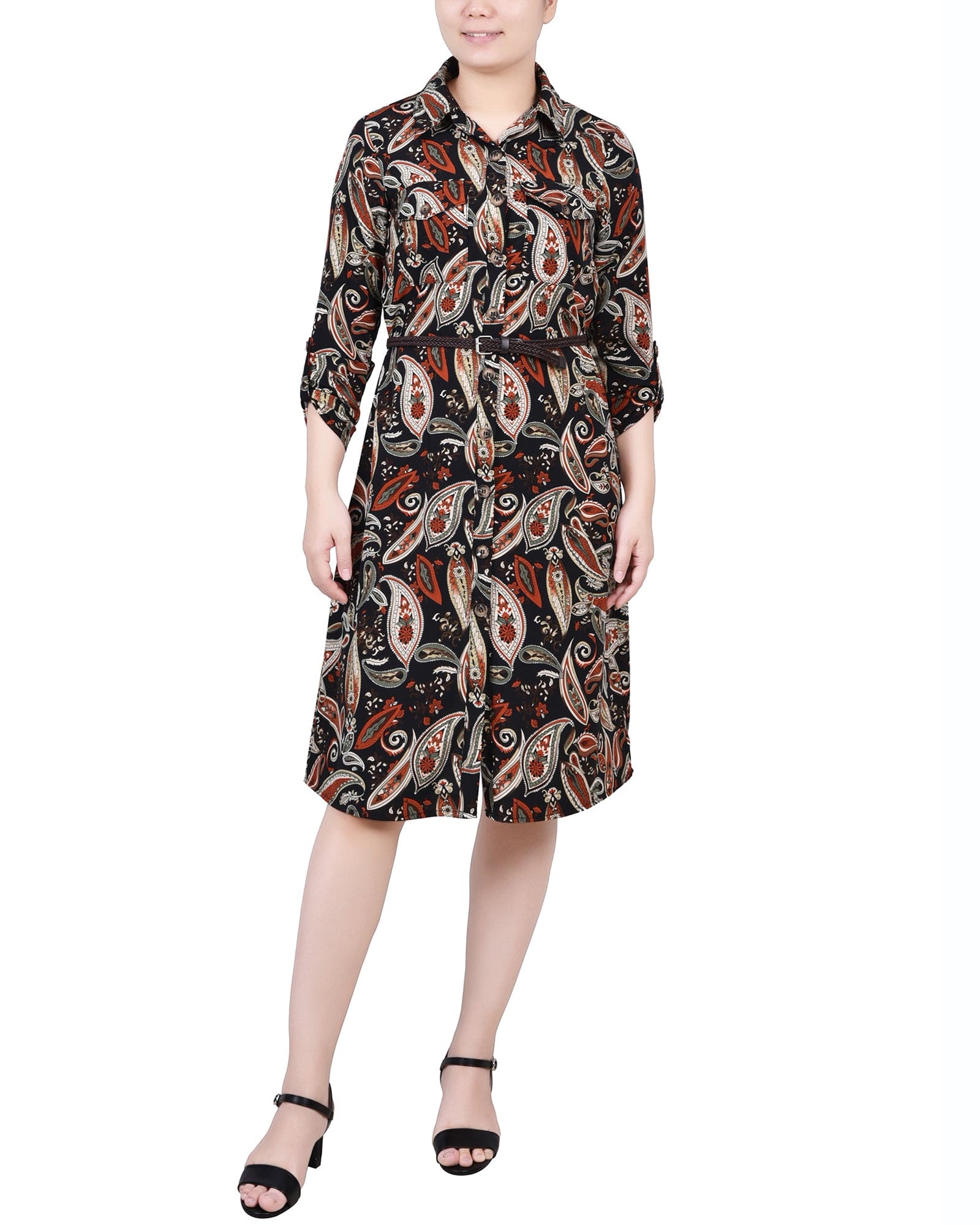 Petite 3/4 Roll Tab Sleeve Shirtdress