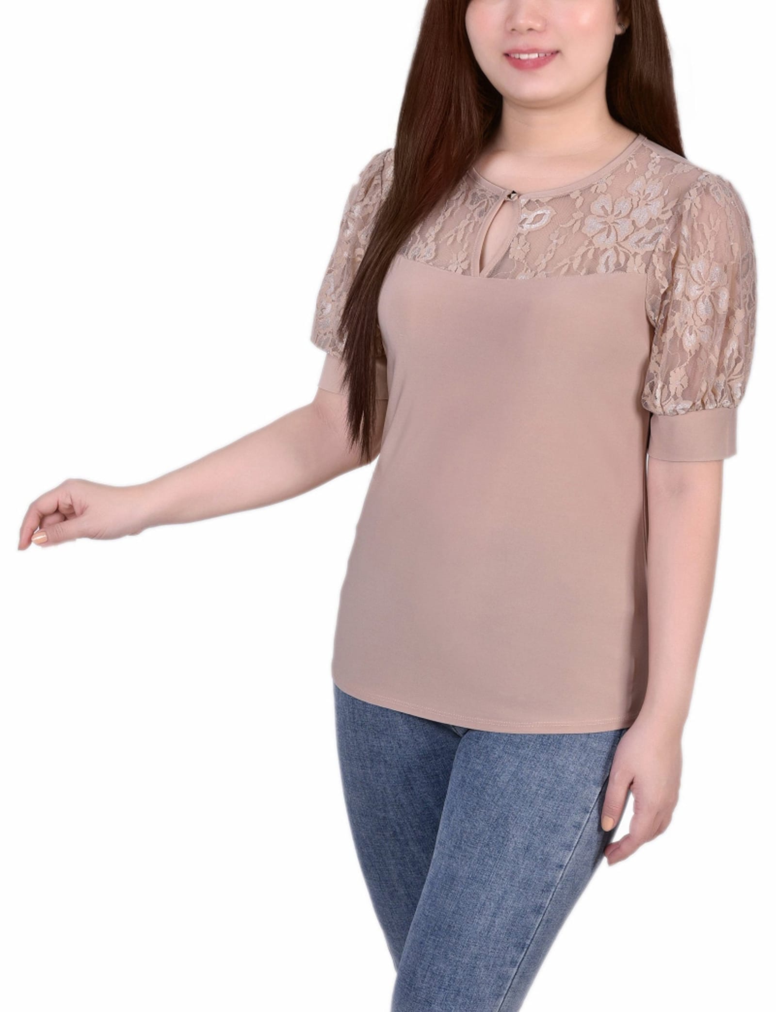 Petite Short Puff Sleeve Top with Lace Sleeves and Yoke thumbnail 2
