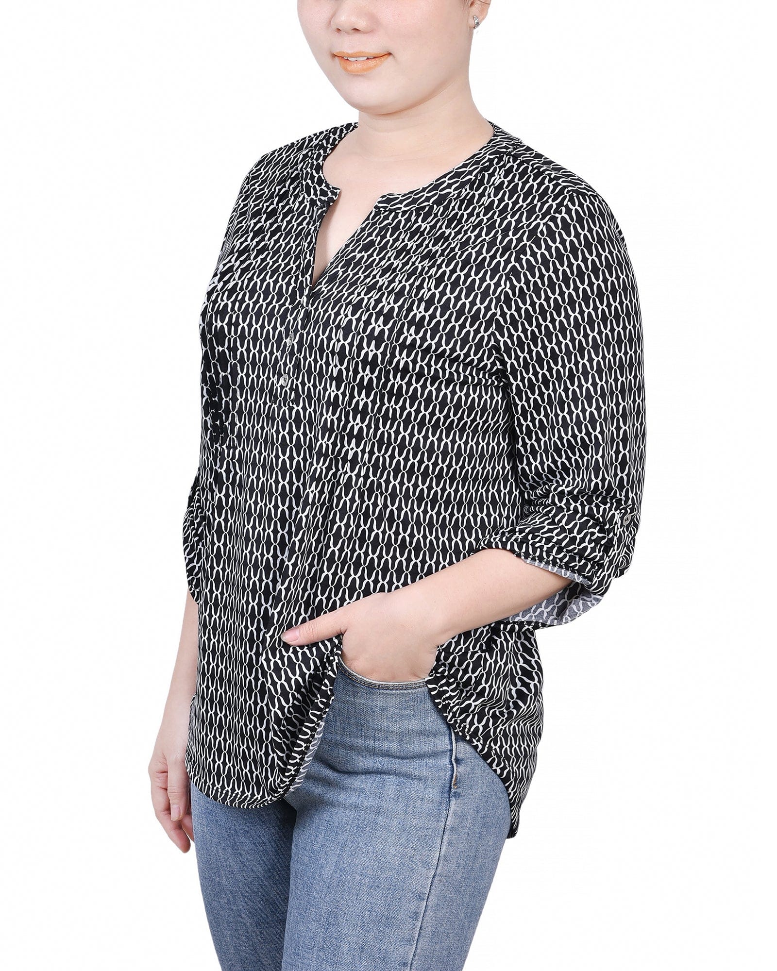 Petite 3/4 Roll Tab Sleeve Y Neck Top thumbnail 2