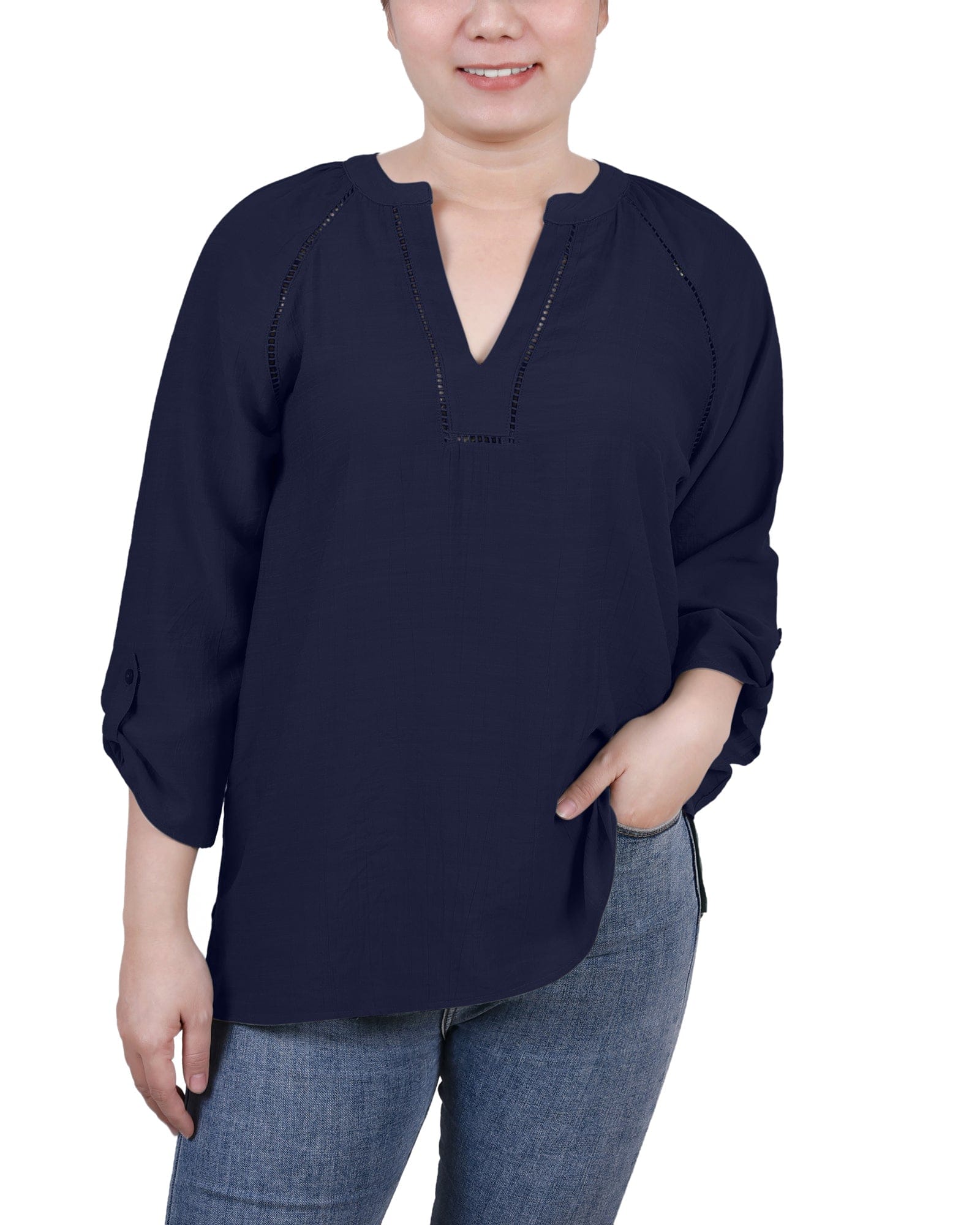 Raglan Sleeve Split-Neck Blouse