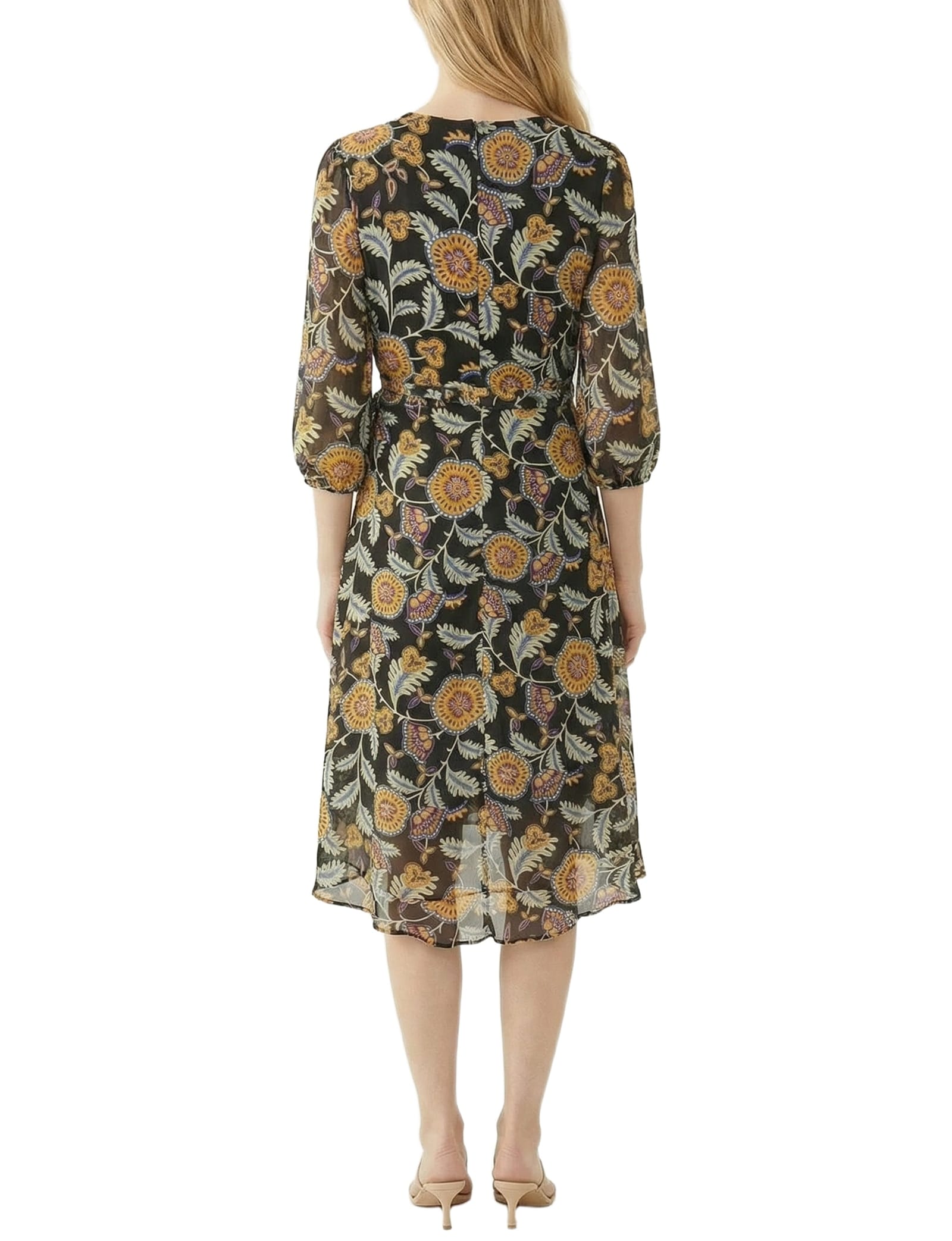 Petite 3/4 Sleeve V Neck Belted Chiffon Dress thumbnail 4