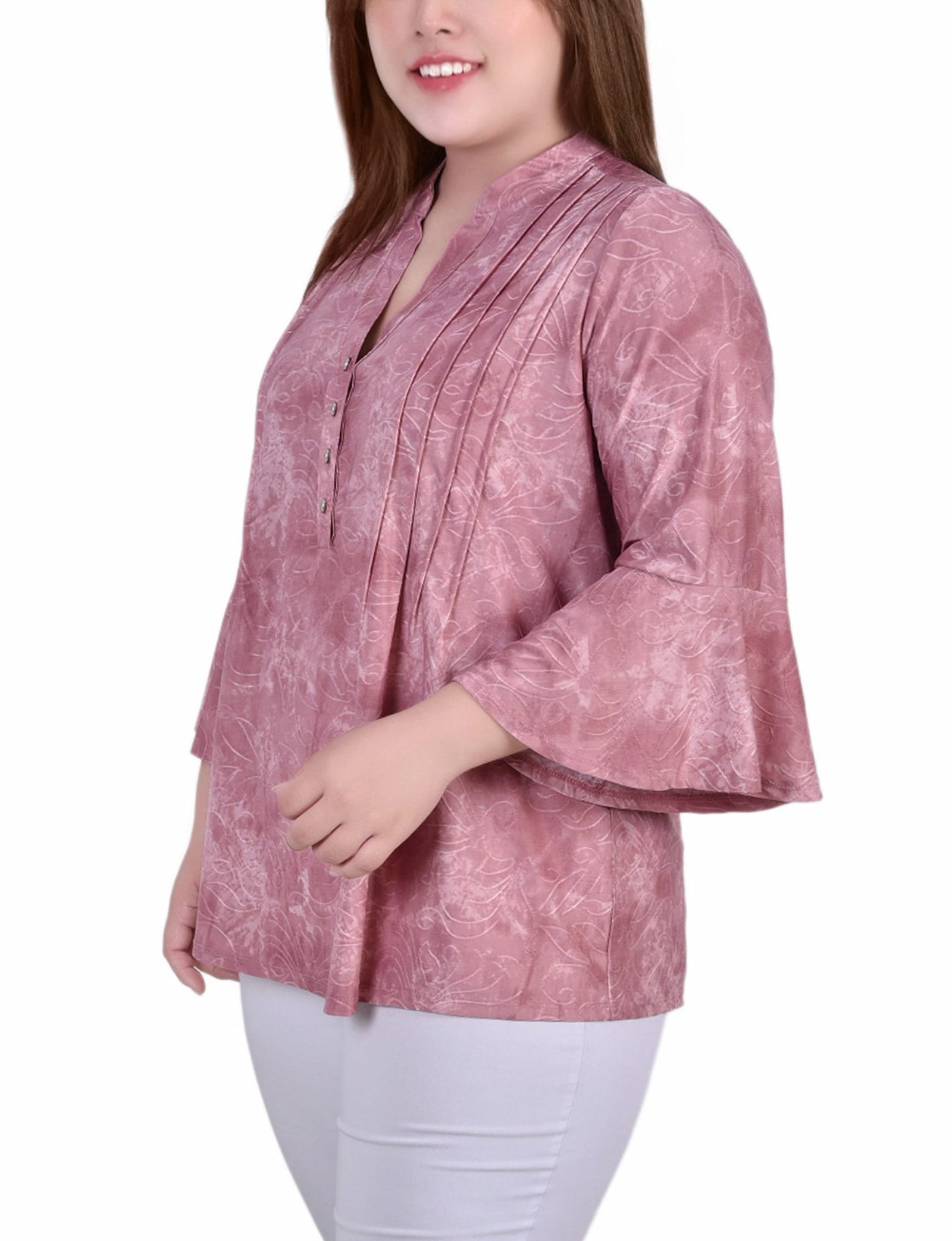 Plus Size 3/4 Bell Sleeve Pleat Front Y Neck Top thumbnail 2
